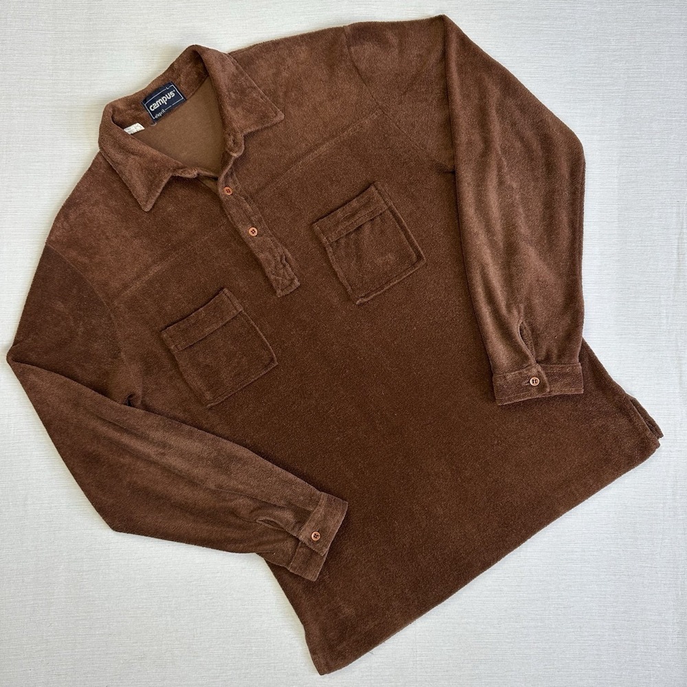 Vtg 60s Campus Terry Cloth Polo Shirt Long Sleeve Men Large Brown Pocket Preppy
